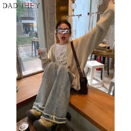 Thumbnail DaDuHey New American Ins High Street Retro Raw Edge Jeans Niche High Waist Loose Wide Leg Pants plus Size Trousers 2