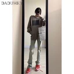Thumbnail Quần jeans DADUHEY lưng cao phối màu vàng đất phong cách đường phố Mỹ cổ điển cao cấp cỡ lớn 2