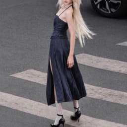 Thumbnail Sizzle Striped Split Thigh Skirt - Chân váy sọc midi xếp ly xẻ đùi 4