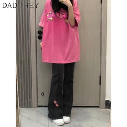 Thumbnail DaDuHey New Korean Version of Pink Star Jeans Women's High-waisted Flared Pants Niche plus Size Trousers 2