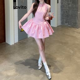 Thumbnail Lovito Đầm trước dây buộc nơ kẻ sọc thường ngày dành cho nữ L177AD881 4