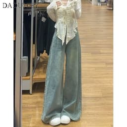 Thumbnail Quần jeans DADUHEY lưng cao ống rộng phong cách đường phố Mỹ cổ điển cao cấp cỡ lớn 2
