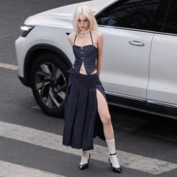 Thumbnail Sizzle Striped Split Thigh Skirt - Chân váy sọc midi xếp ly xẻ đùi 3