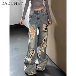 Thumbnail DaDuHey New American ins high street retro embroidered jeans niche high waist wide leg pants plus size trousers 3