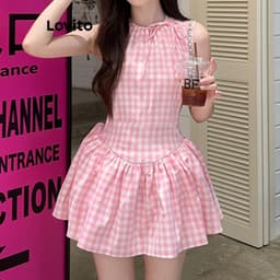Thumbnail Lovito Đầm trước dây buộc nơ kẻ sọc thường ngày dành cho nữ L177AD881 3