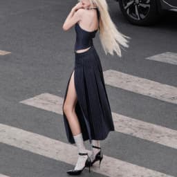 Thumbnail Sizzle Striped Split Thigh Skirt - Chân váy sọc midi xếp ly xẻ đùi 1