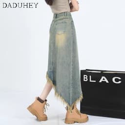 Thumbnail DaDuHey New American Ins High Street Retro Denim Skirt Niche High Waist A- Line Skirt plus Size Long Skirt 4