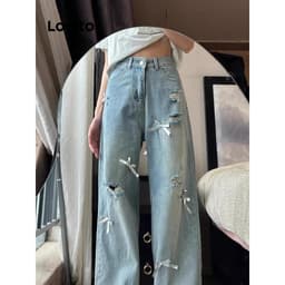 Thumbnail Quần jean nữ Lovito nơ màu trơn phong cách thường ngày LNA73086 2
