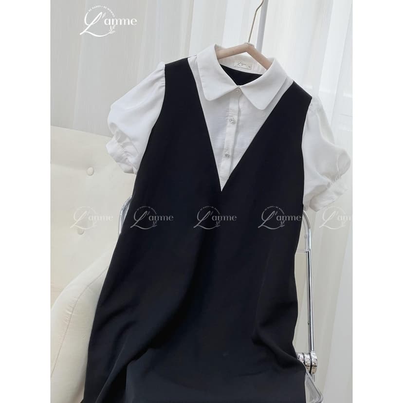 Ảnh Váy bầu, đầm bầu tay bồng LIZ Dress thiết kế giả yếm thanh lịch, sang trọng tiểu thư chất liệu chéo hàn mềm mại L'amme 3