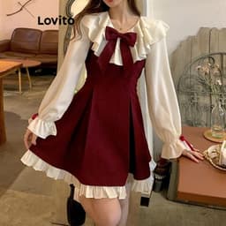Thumbnail Đầm chữ A Lovito chắp vá thắt nơ viền nhún bèo phong cách dự tiệc Giáng sinh dễ thương cho nữ LNA43050 1