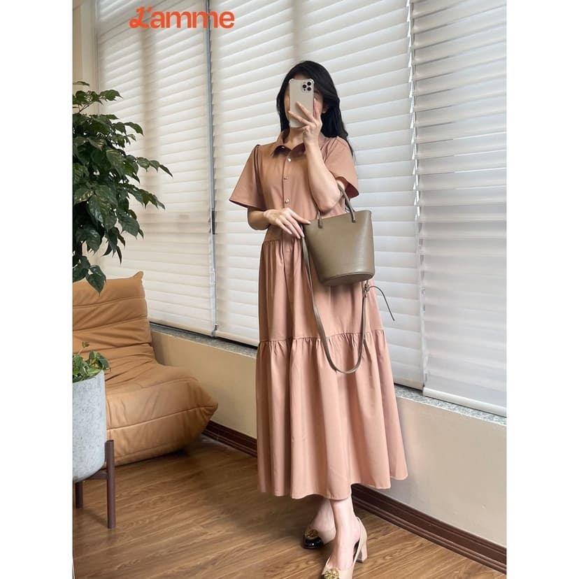 Ảnh Váy bầu đầm bầu nữ chất thô đũi hàn dáng xòe phối cổ sơ mi HELLY Dress BY L'AMME 2