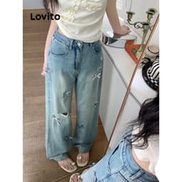 Thumbnail Quần jean nữ Lovito nơ màu trơn phong cách thường ngày LNA73086 1