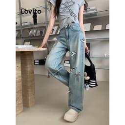 Thumbnail Quần jean nữ Lovito nơ màu trơn phong cách thường ngày LNA73086 4