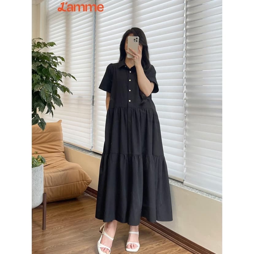 Ảnh Váy bầu đầm bầu nữ chất thô đũi hàn dáng xòe phối cổ sơ mi HELLY Dress BY L'AMME 4