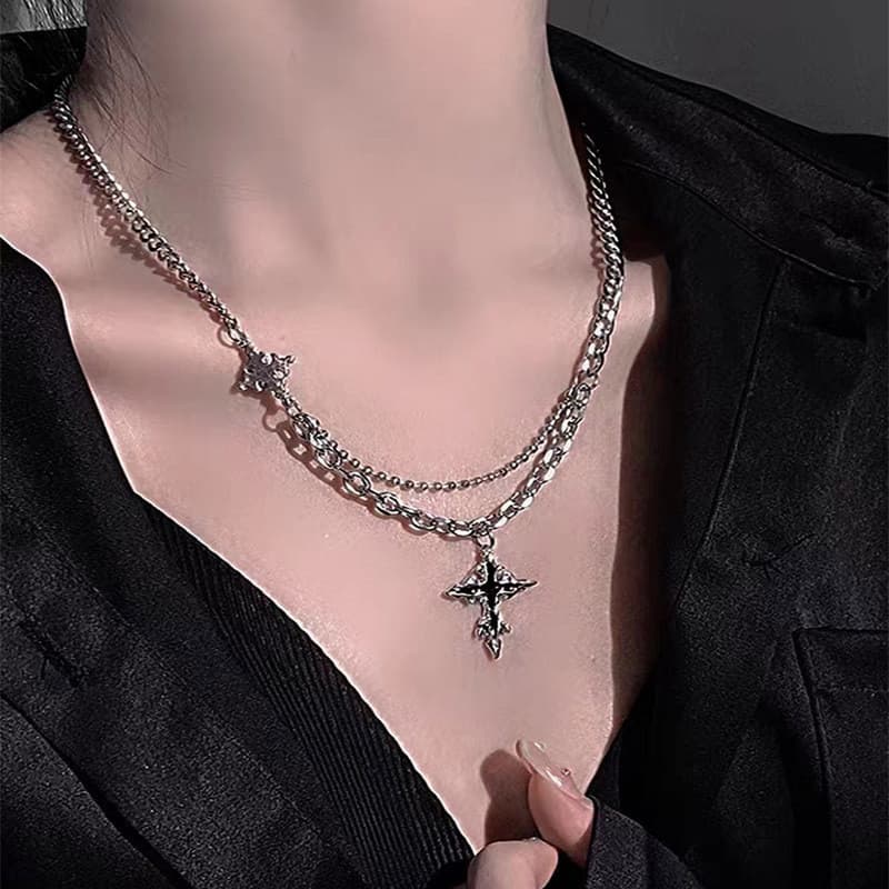 Ảnh 17KM Vòng cổ Mạ Bạc Nhiều Lớp unisex y2k Phong Cách hip hop Phụ kiện trang sức 3