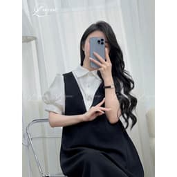 Thumbnail Váy bầu, đầm bầu tay bồng LIZ Dress thiết kế giả yếm thanh lịch, sang trọng tiểu thư chất liệu chéo hàn mềm mại L'amme 4