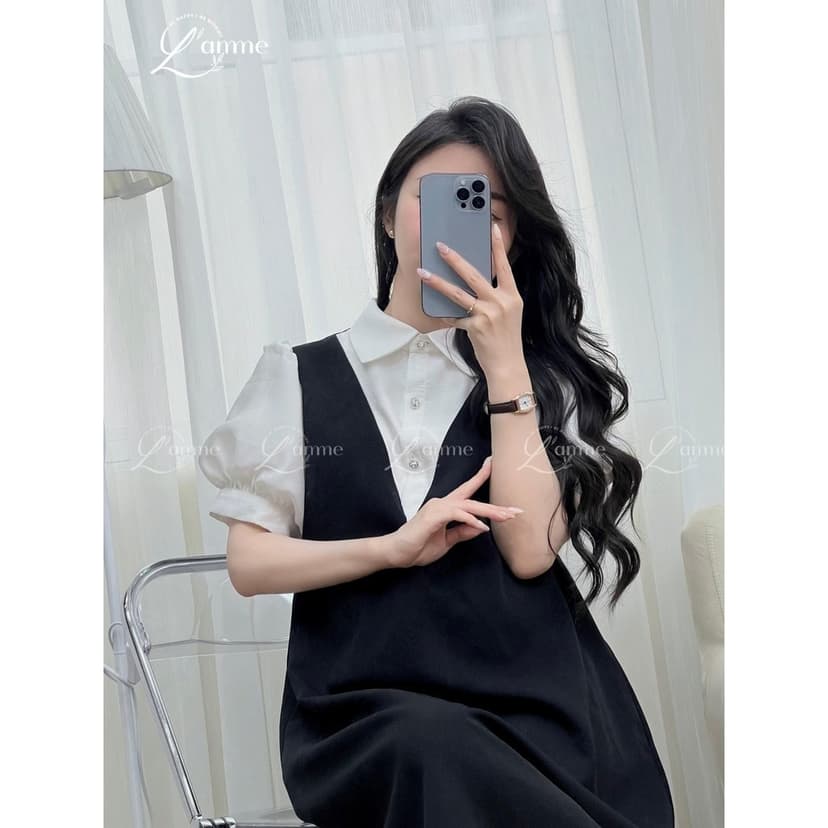 Ảnh Váy bầu, đầm bầu tay bồng LIZ Dress thiết kế giả yếm thanh lịch, sang trọng tiểu thư chất liệu chéo hàn mềm mại L'amme 4