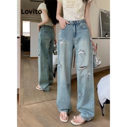 Thumbnail Quần jean nữ Lovito nơ màu trơn phong cách thường ngày LNA73086 3