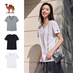 Thumbnail Camel CROWN Áo thun ngắn tay nữ đáy áo sơ mi hot girl phong cách lười biếng cổ chữ V nguyên chất cotton thể thao hàng đầu 1