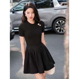 Thumbnail JOVEN Đầm Nữ Celeste Ngắn Phối 2 Chất Liệu Cổ Tròn Tay Ngắn 1