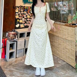 Thumbnail Đầm Lovito hoa nhí xếp nếp giả hai lớp có nút phong cách thường ngày cho nữ L98AD144 3