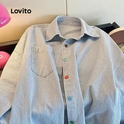 Thumbnail Lovito Áo Sơ Mi Sọc Xanh Trắng Cúc Nhiều Màu Cho Nữ LNL70230 1