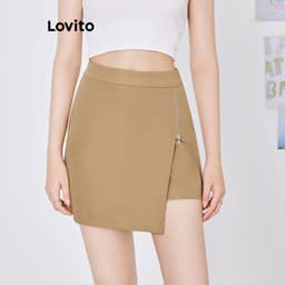 Thumbnail Quần short Lovito phối dây kéo xẻ tà màu trơn phong cách preppy cho nữ L59ED161 (Kaki) 1