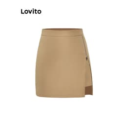Thumbnail Quần short Lovito phối dây kéo xẻ tà màu trơn phong cách preppy cho nữ L59ED161 (Kaki) 2
