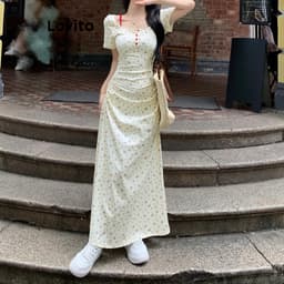 Thumbnail Đầm Lovito hoa nhí xếp nếp giả hai lớp có nút phong cách thường ngày cho nữ L98AD144 1