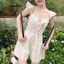 Thumbnail Lovito Bộ đồ liền thân cổ bèo nhún họa tiết hoa giản dị dành cho nữ L112ED709 1