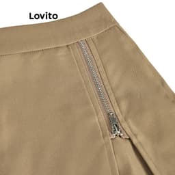 Thumbnail Quần short Lovito phối dây kéo xẻ tà màu trơn phong cách preppy cho nữ L59ED161 (Kaki) 3