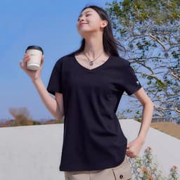 Thumbnail Camel CROWN Áo thun ngắn tay nữ đáy áo sơ mi hot girl phong cách lười biếng cổ chữ V nguyên chất cotton thể thao hàng đầu 4
