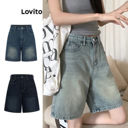 Thumbnail Lovito - Quần Short Jean Cạp Cao Denim Có Túi Màu Trơn LNA19020 1
