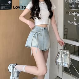 Thumbnail Quần short Lovito vải denim bất đối xứng màu trơn thời trang thường ngày cho nữ LNE66508 1