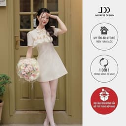Thumbnail Đầm A tay ngắn cổ tròn, xếp ly ngực dáng tiểu thư thiết kế bởi JM Dress Design 1S34.2404OG 1