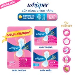 Thumbnail Băng Vệ Sinh WHISPER 5X Bảo Vệ Mặt Bông Siêu Mỏng Cho Ngày Thường Và Ngày Nhiều Khô Thoáng Gói 20 Miếng/16 Miếng/13Miếng 1