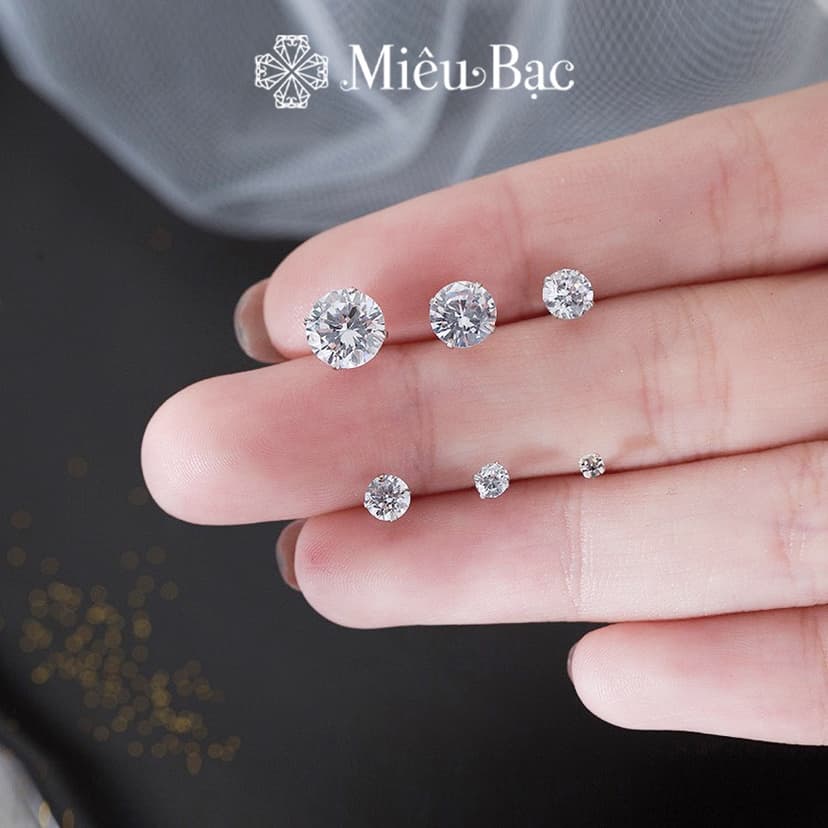 Ảnh Bông tai bạc nam nữ nụ đá tròn Miêu Bạc khuyên tai bạc 925 đính đá nhiều size phụ kiện trang sức unisex B000145 3