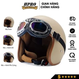 Thumbnail Mũ bảo hiểm 3/4 đầu Sundy Helmets, màu kem sữa mờ, sang trọng, tinh tế, Freesize (54-58cm) kèm kính UV, phi công 1