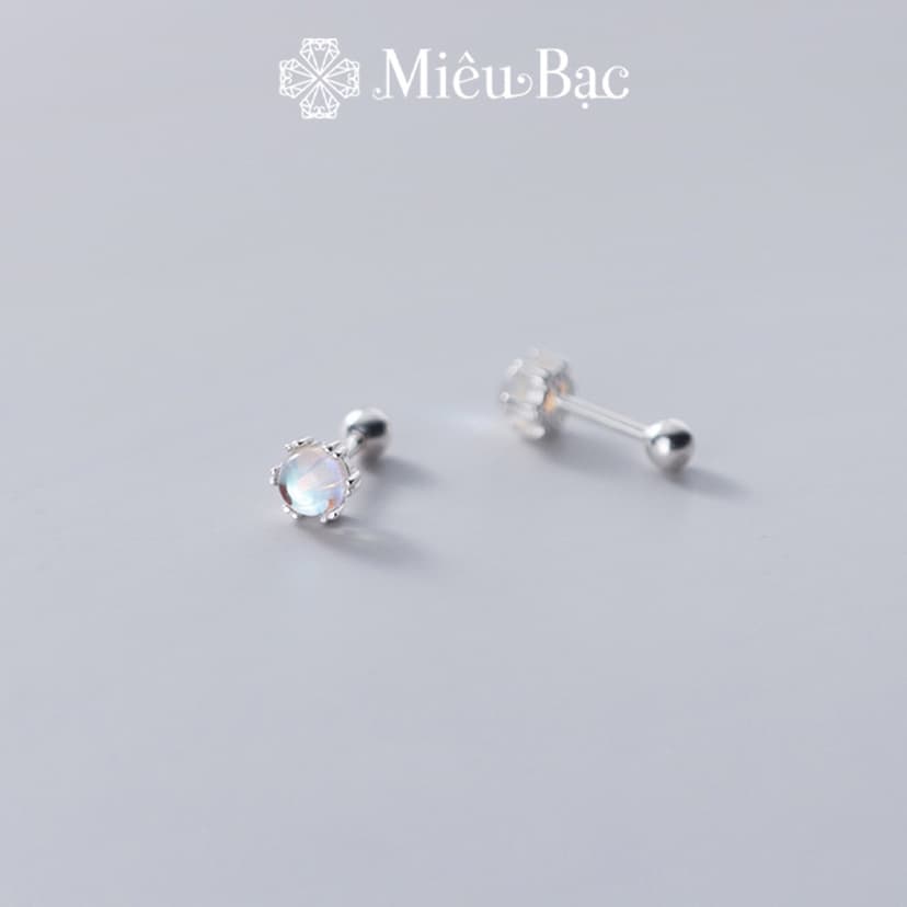 Ảnh Bông tai bạc nữ Miêu Bạc khuyên tai đính đá mặt trăng 1 chiếc moonstone chốt vặn chất liệu bạc S925 MB37 3