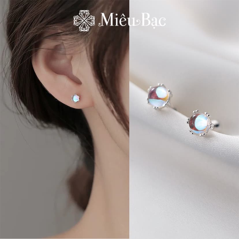 Ảnh Bông tai bạc nữ Miêu Bạc khuyên tai đính đá mặt trăng 1 chiếc moonstone chốt vặn chất liệu bạc S925 MB37 1