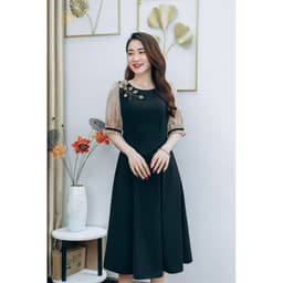 Thumbnail Đầm xoè trung niên Cổ tròn kết hoa tay lỡ màu Đen TTV Store thời trang nữ TTV1253 1