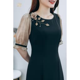 Thumbnail Đầm xoè trung niên Cổ tròn kết hoa tay lỡ màu Đen TTV Store thời trang nữ TTV1253 3