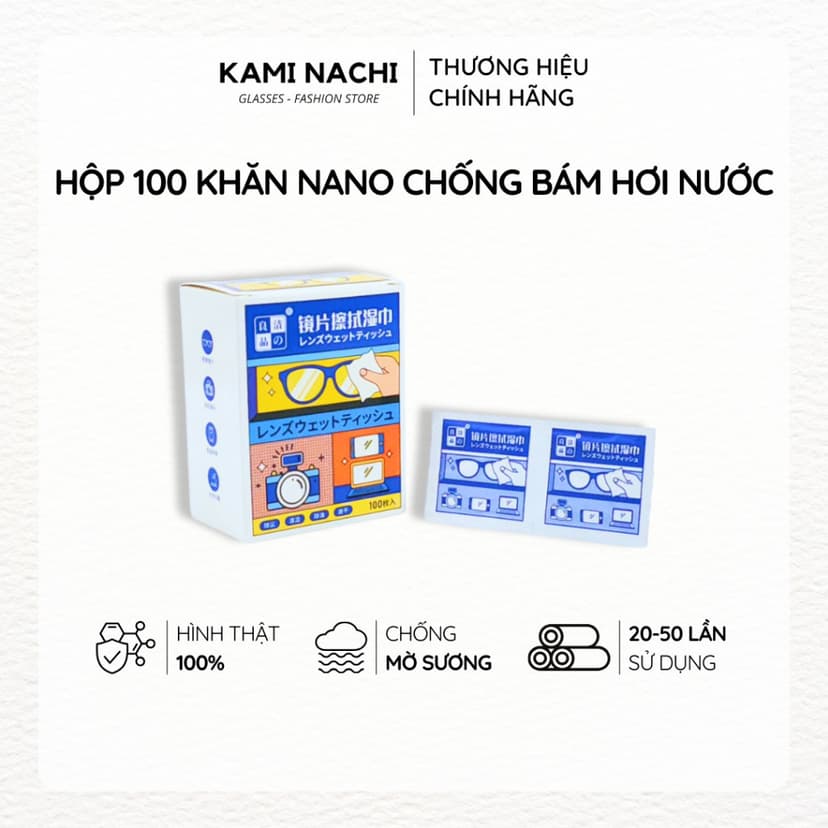 Ảnh Hộp 100 miếng khăn lau nano hàng loại 1 KAMI NACHI dùng 1 lần - Chống bám hơi nước, chống mờ sương cho kính 1