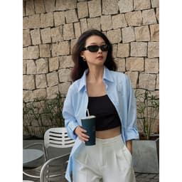 Thumbnail Áo sơ mi nữ GILLEE sơ mi trơn dáng oversized, sơ mi form rộng vải kate Mỹ xanh pastel chống nhăn FAS293 2