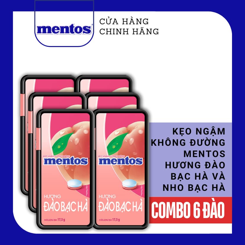 Ảnh COMBO Kẹo ngậm không đường Mentos Hương Đào/Nho Bạc Hà (hộp nhựa) mang đến hơi thở tươi mát 2