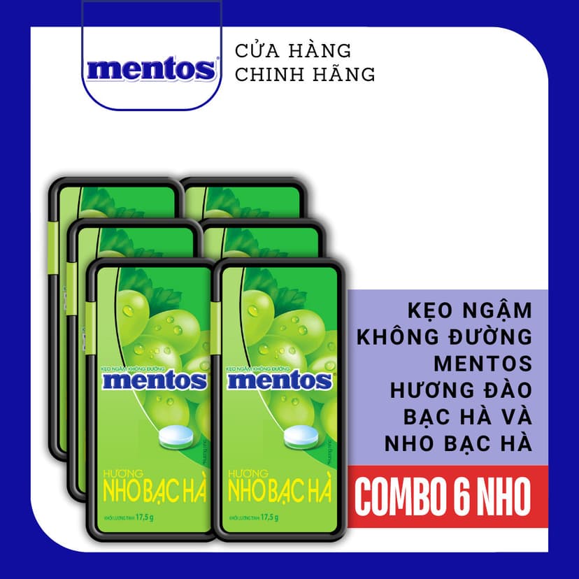 Ảnh COMBO Kẹo ngậm không đường Mentos Hương Đào/Nho Bạc Hà (hộp nhựa) mang đến hơi thở tươi mát 1
