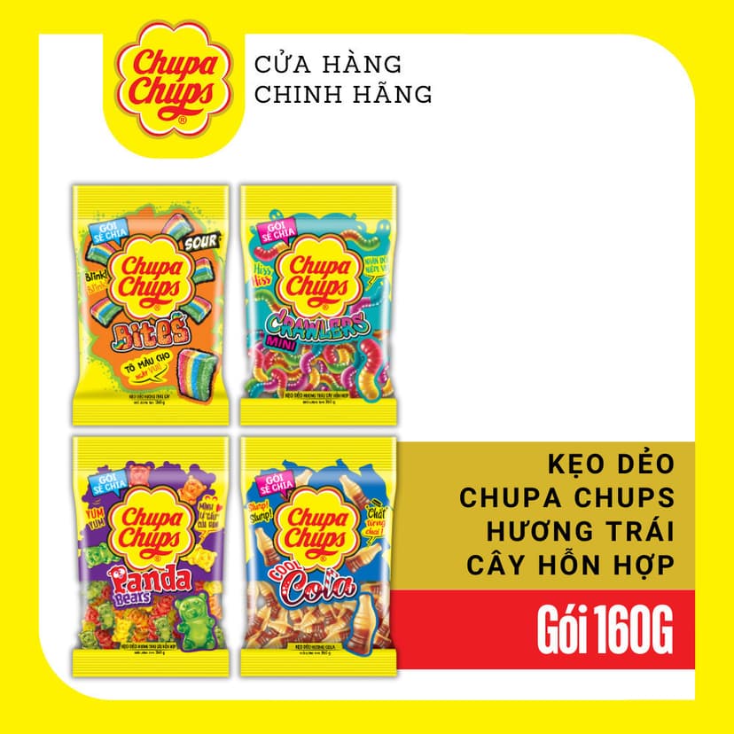 Ảnh Kẹo dẻo Chupa Chups (Gói 56g/90g/160g) hương trái cây hỗn hợp, hương cola mang đến vị ngọt, vị chua và đa dạng hình dáng 2