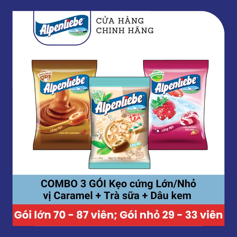 Ảnh COMBO Kẹo cứng Alpenliebe đậm vị sữa béo hương Caramel, Dâu sữa, Trà sữa và kẹo cứng có nhân Xoài muối ớt 1