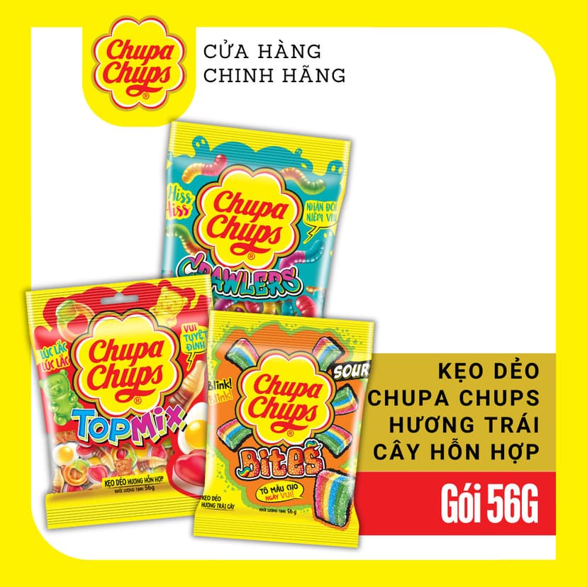 Ảnh Kẹo dẻo Chupa Chups (Gói 56g/90g/160g) hương trái cây hỗn hợp, hương cola mang đến vị ngọt, vị chua và đa dạng hình dáng 1