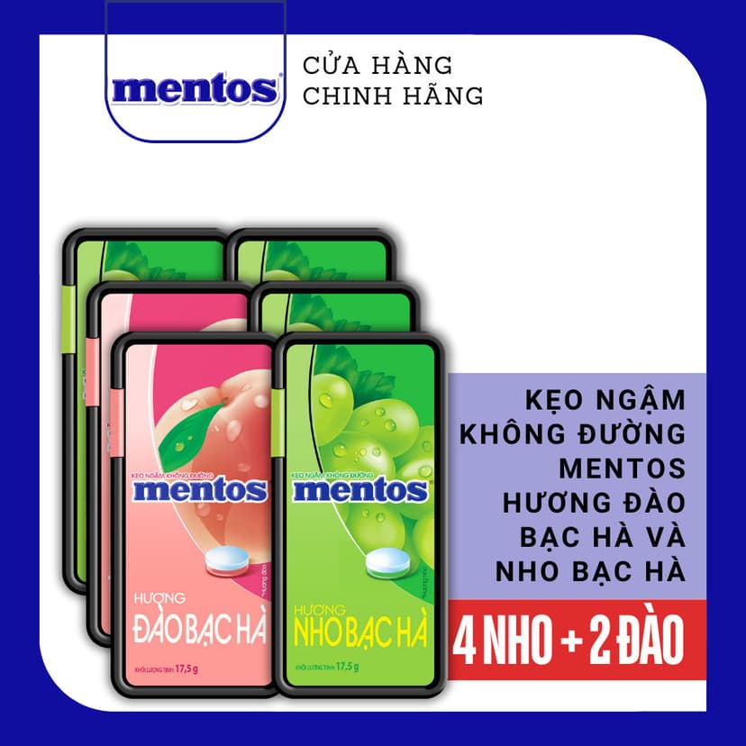 Ảnh COMBO Kẹo ngậm không đường Mentos Hương Đào/Nho Bạc Hà (hộp nhựa) mang đến hơi thở tươi mát 3